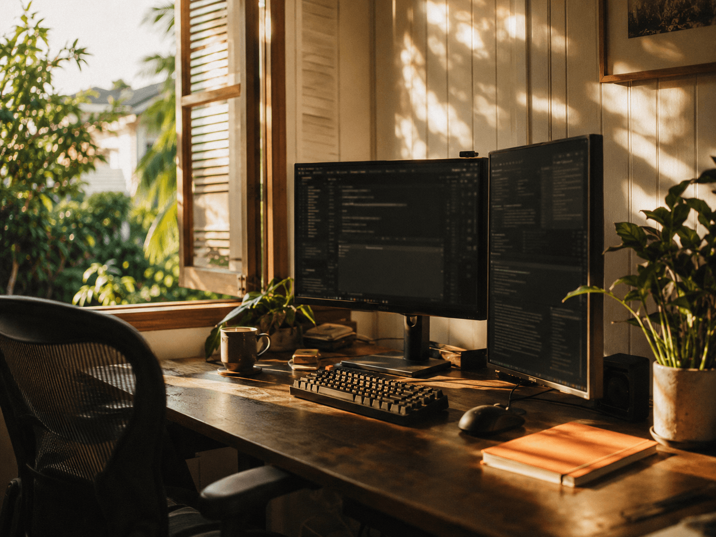 Brisbane home office at golden hour: dual monitors with terminal windows, subtropical green outside the window